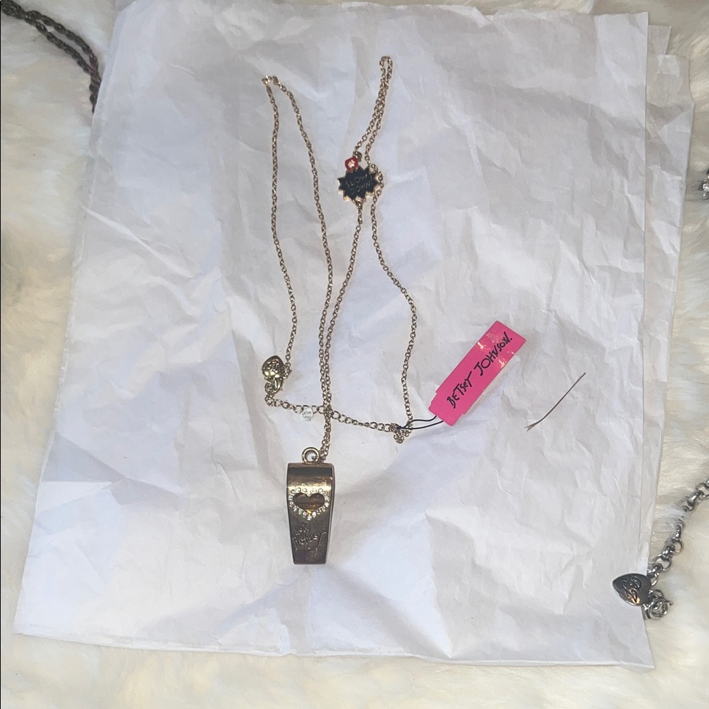 Betsey Johnson Gold-Tone Heart Whistle Charm Necklace with Pink Tag